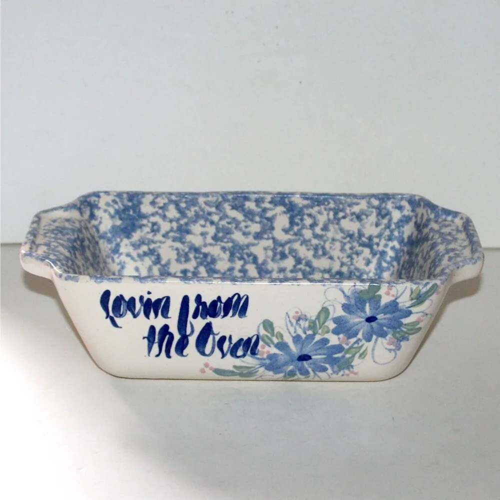 East Texas Pottery Spring Heart Loaf Pan stoneware spongeware blue ceramic baker